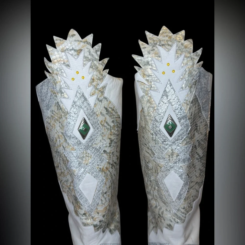 🌟 RARE Vintage Neiman Marcus White Western Tall Leather Boots Metallic sz 37.5 🌟 - Picture 5 of 13
